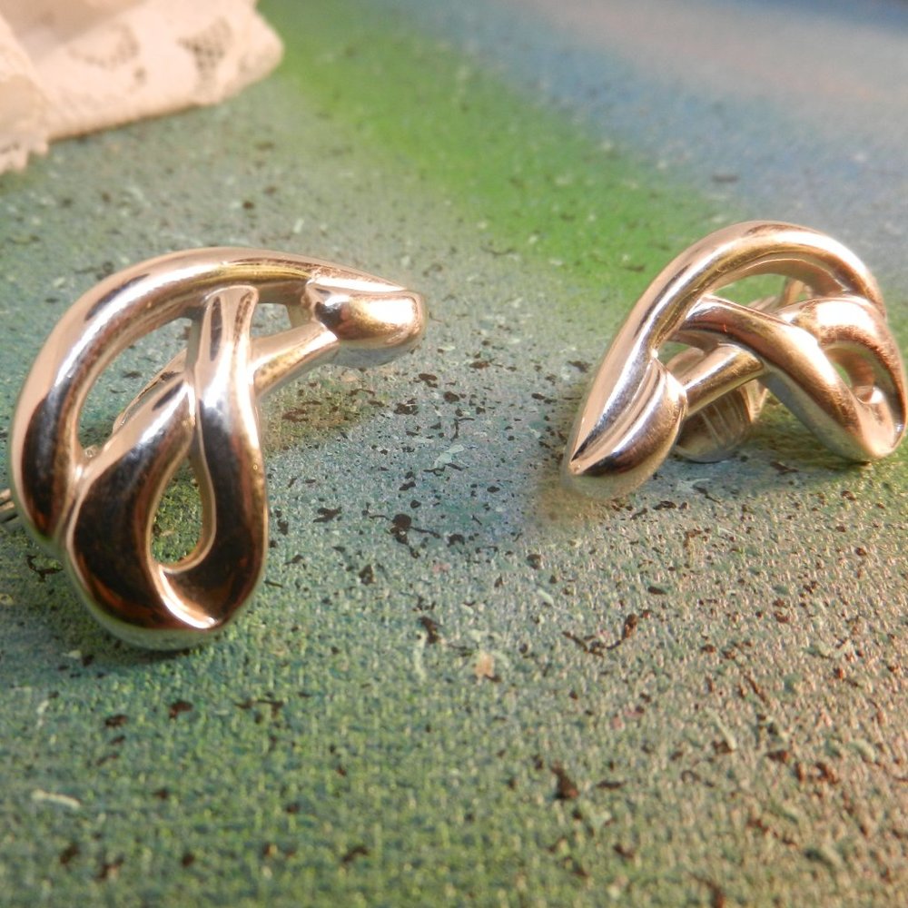 VTG Monet silver clip earrings swirly looped knots silver tone dressy studs glam - Picture 3 of 9